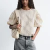 Balloon-Sleeve Jacquard Blouse
