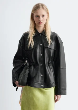 Drawstring-Waist Leather Jacket