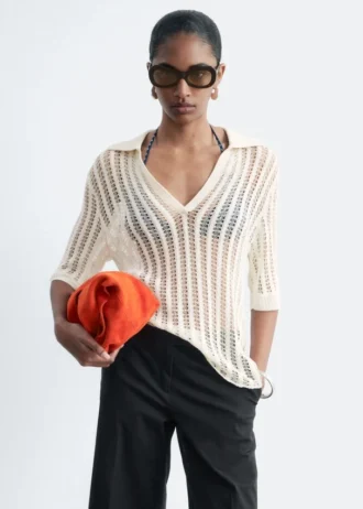 Open-Knit Polo Top