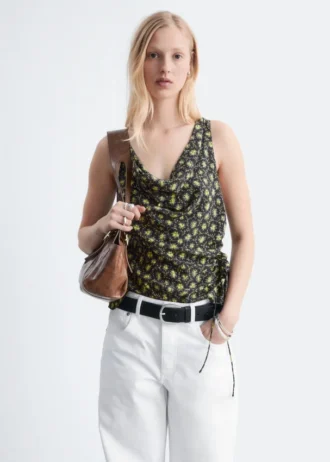 Printed Drawstring Silk Top