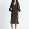 Puff-Sleeve V-Neck Midi Dress