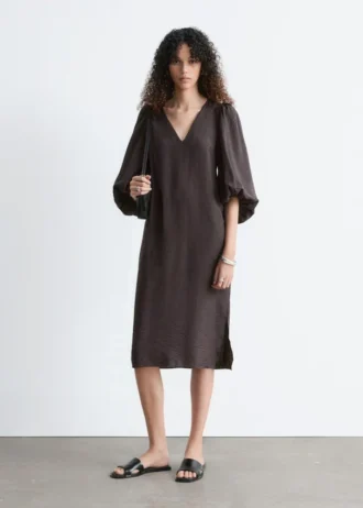 Puff-Sleeve V-Neck Midi Dress