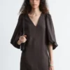Puff-Sleeve V-Neck Midi Dress