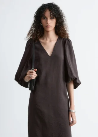 Puff-Sleeve V-Neck Midi Dress