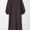 Puff-Sleeve V-Neck Midi Dress