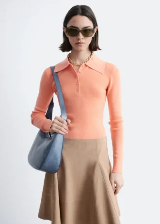 Rib-Knit Merino Wool Polo Top