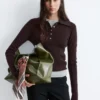 Rib-Knit Merino Wool Polo Top