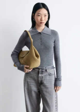 Rib-Knit Merino Wool Polo Top