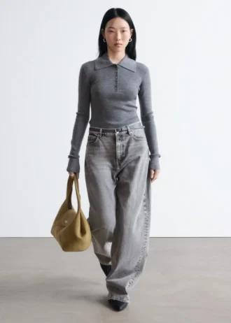 Rib-Knit Merino Wool Polo Top