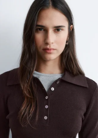 Rib-Knit Merino Wool Polo Top