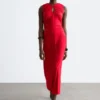 Ruched Keyhole-Neck Midi Dress