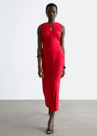 Ruched Keyhole-Neck Midi Dress