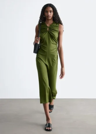 Ruched Keyhole-Neck Midi Dress