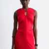 Ruched Keyhole-Neck Midi Dress