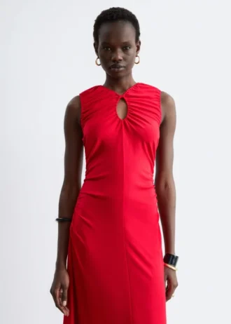 Ruched Keyhole-Neck Midi Dress