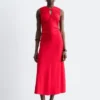 Ruched Keyhole-Neck Midi Dress