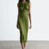Ruched Keyhole-Neck Midi Dress
