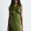 Ruched Keyhole-Neck Midi Dress