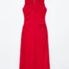 Ruched Keyhole-Neck Midi Dress