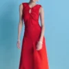 Ruched Keyhole-Neck Midi Dress