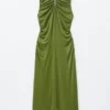 Ruched Keyhole-Neck Midi Dress