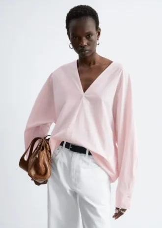 Sculptural Cotton V-Neck Blouse