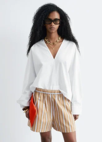 Sculptural Cotton V-Neck Blouse