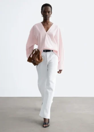 Sculptural Cotton V-Neck Blouse