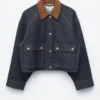 Short Cord-Collar Denim Jacket