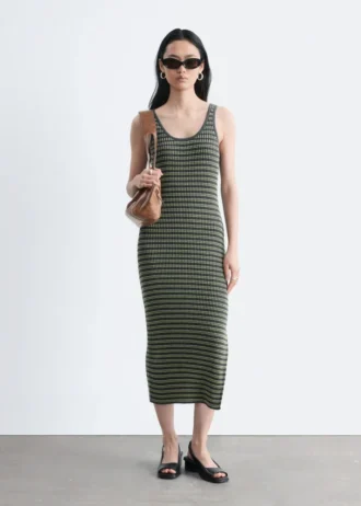 Striped Rib-Knit Midi Dress