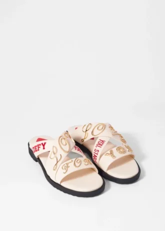 Text-Print Leather Sandals