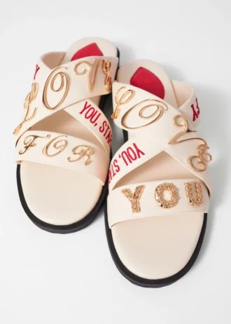 Text-Print Leather Sandals